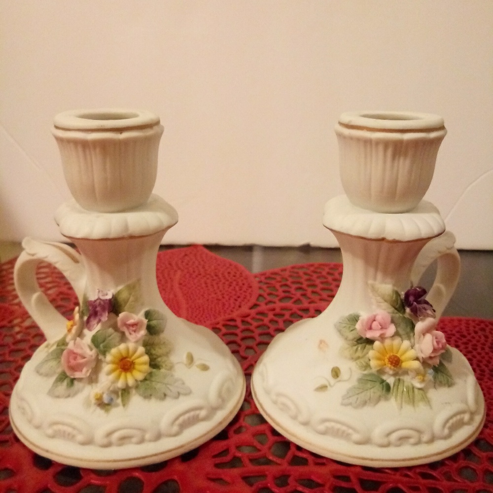 Vintage Lefton hand painted floral candle holders